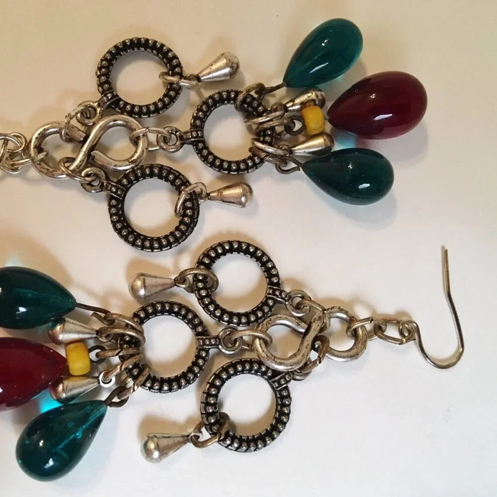 Teardrop Earrings Teal Red Beaded Drops Textured Silver Tone Metal Rings Dangle